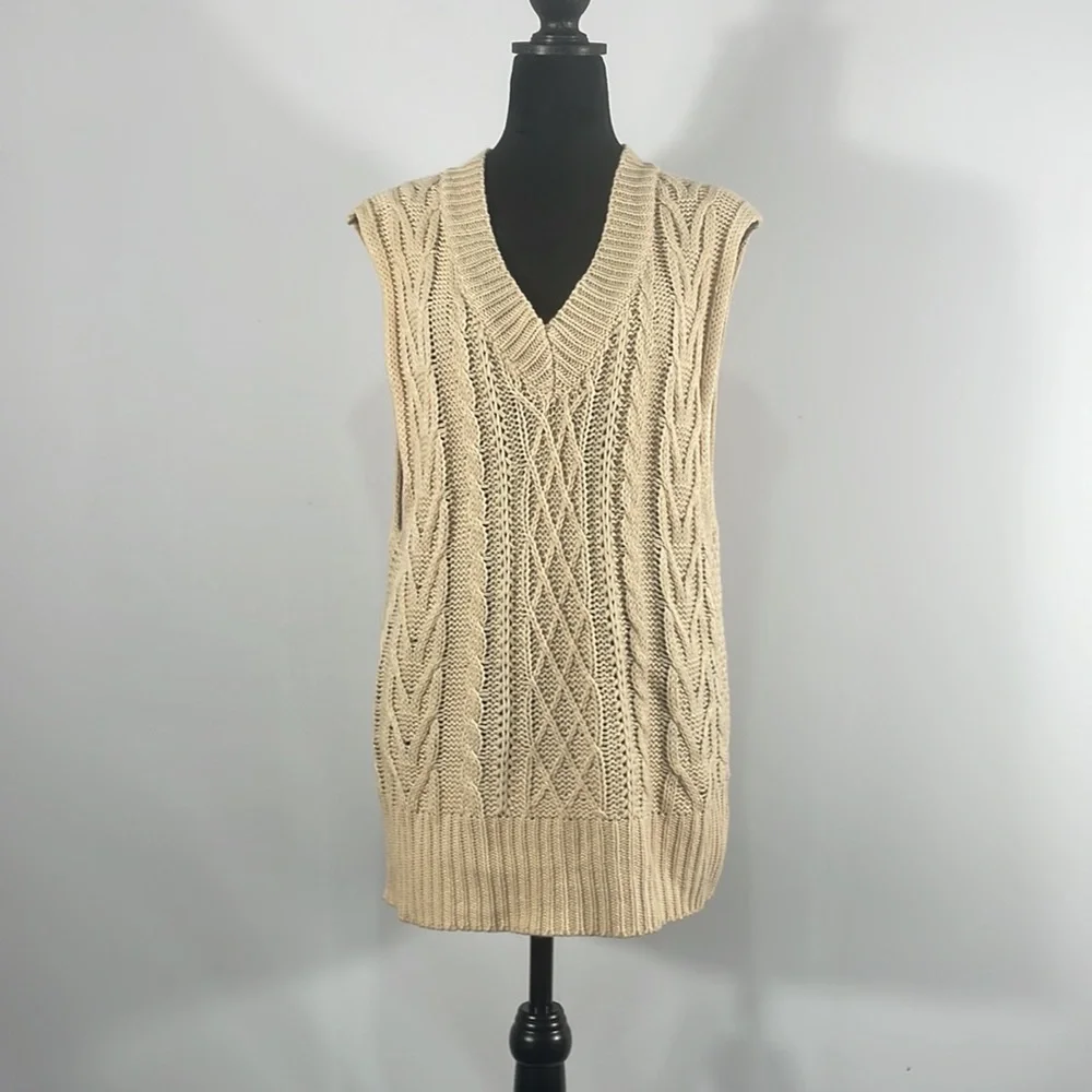 Ivory Sweater Vest,Knit Sweater Vest,Sleeveless Casual Knit,V neck,long,small - Picture 4 of 11